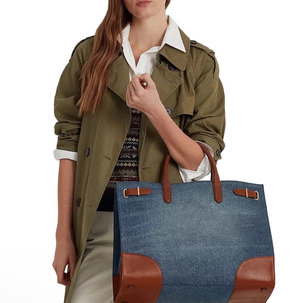 NWT Ralph Lauren Large Devyn Denim with Leather Trim Tote Bag with dustbag